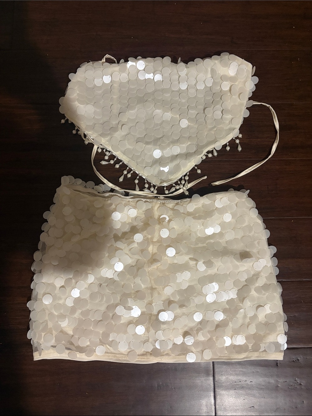 SHEIN Ivory Sequin Bandeau Crop Top & Mini Skirt Set